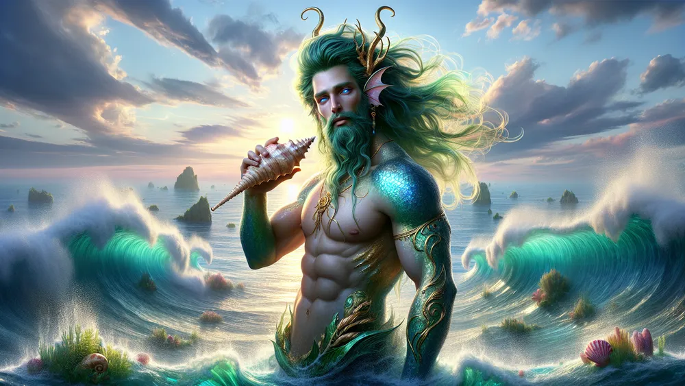 Greek Sea God Triton Commanding Ocean Waves With A Conch Shell Trumpet
