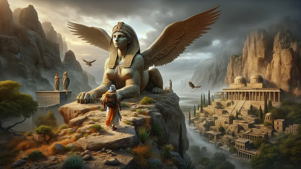 Greek Sphinx Challenging A Traveler Near Ancient Thebes