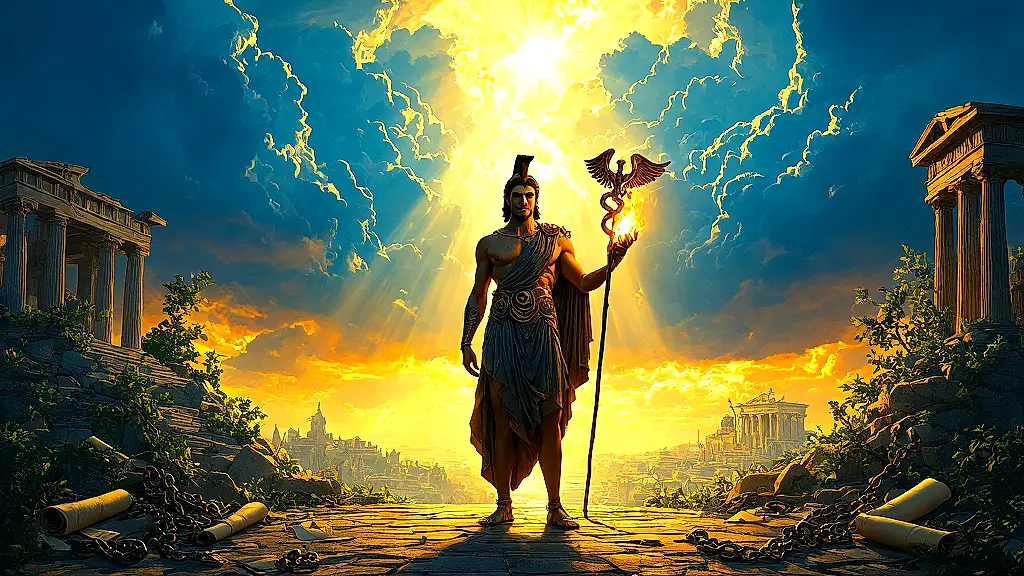 Greek trickster god at crossroads of chaos and order.