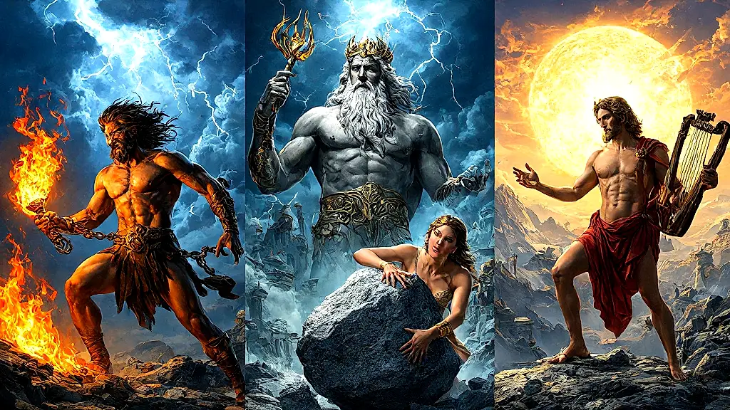 Greek tricksters defying gods in vibrant mythological scene.