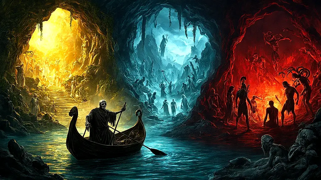 Greek Underworld realms: Elysium, Asphodel Meadows, Tartarus.