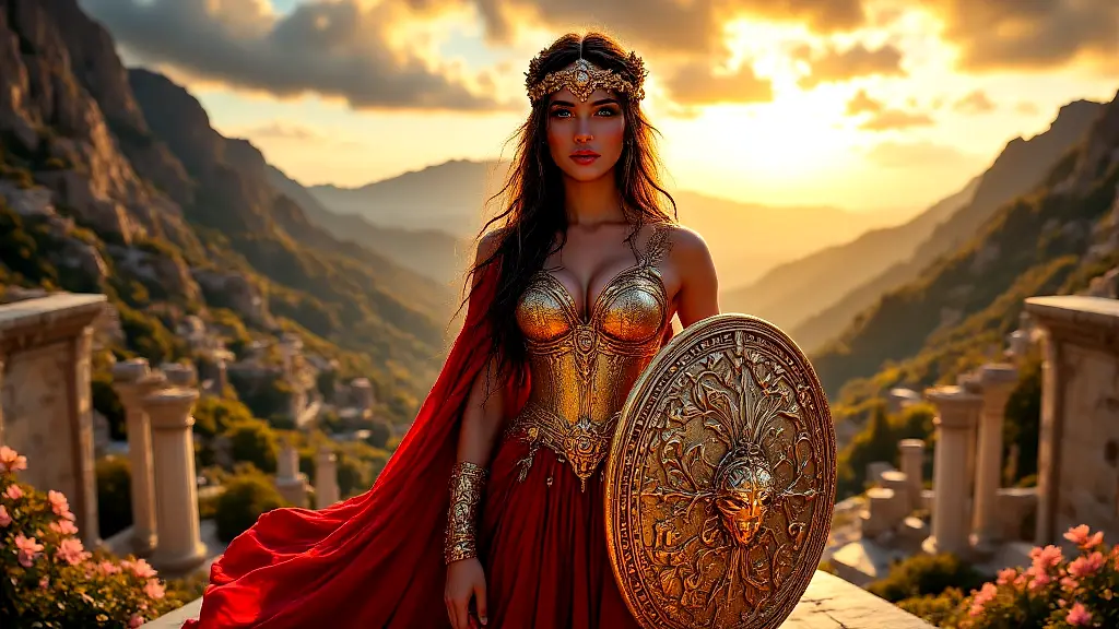 Greek warrior-goddess in golden armor atop a sunlit temple.
