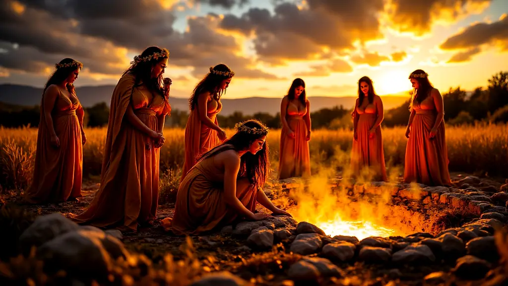 Greek women performing Thesmophoria autumn harvest ritual.