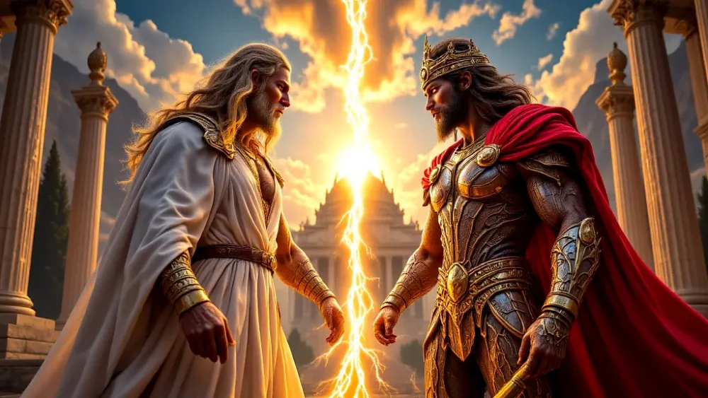 Greek Zeus and Roman Jupiter facing off in mythic clash.