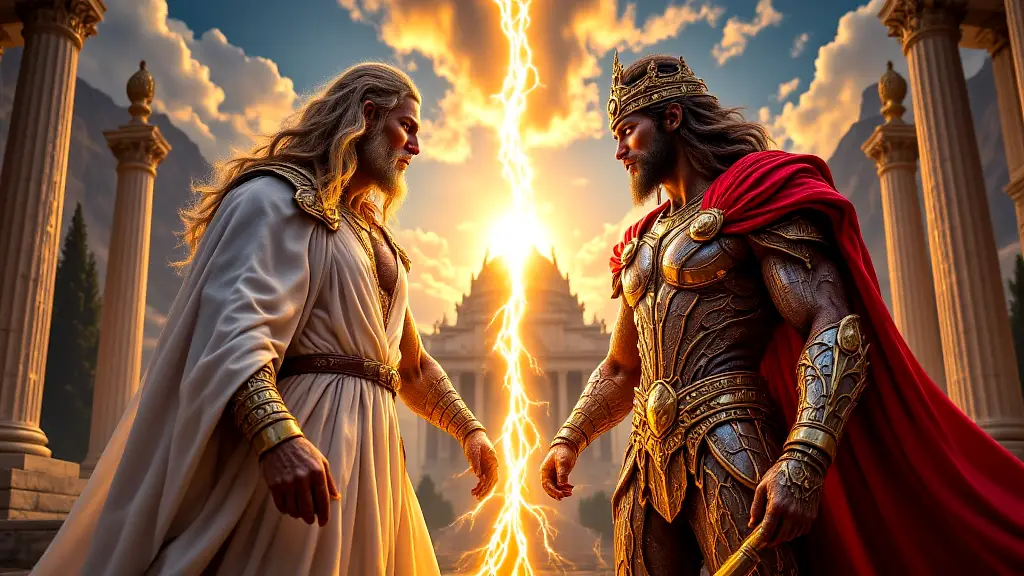 Greek Zeus and Roman Jupiter facing off in mythic clash.