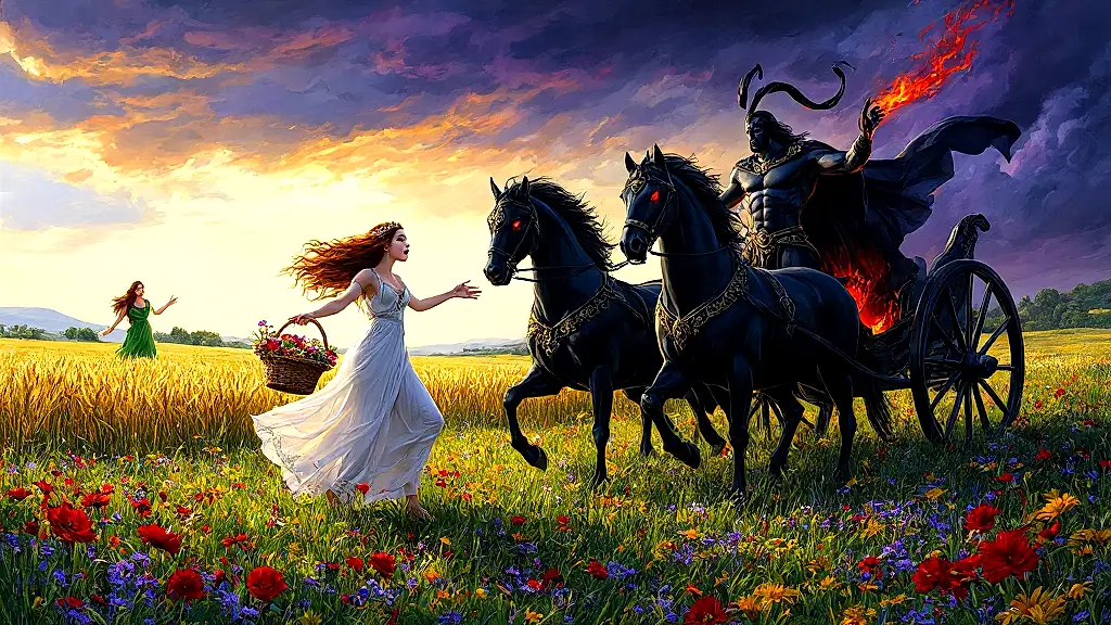Hades abducting Persephone as the earth splits open.