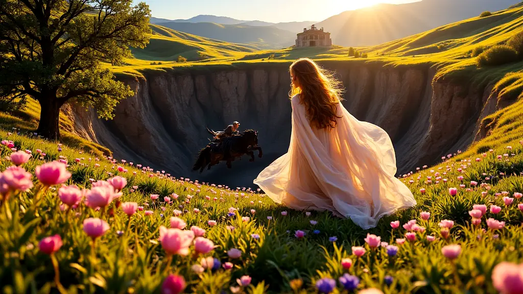Hades abducts Persephone in a fiery chariot from a flower-filled meadow.
