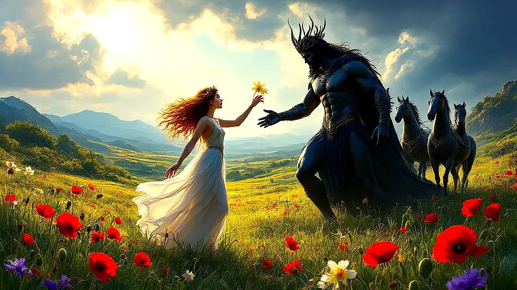 Hades abducts Persephone in a vibrant, mythic meadow.