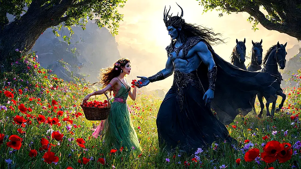 Hades abducts Persephone in a vibrant mythological scene.