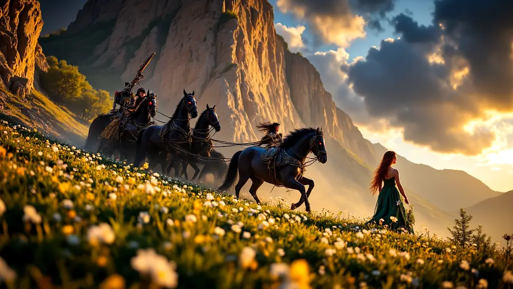 Hades kidnaps Persephone in a dramatic mythological scene.