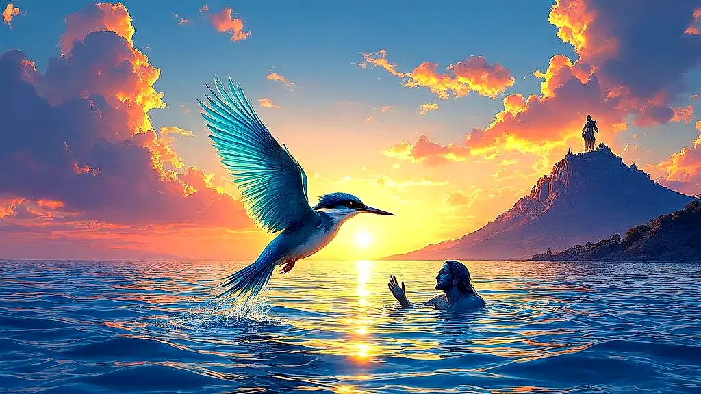 Halcyon bird gliding over calm seas during mythical Halcyon Days.