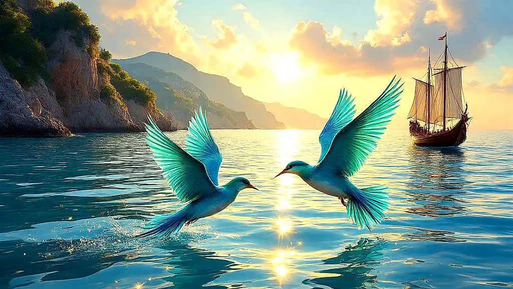 Halcyon birds flying over calm seas at sunrise.