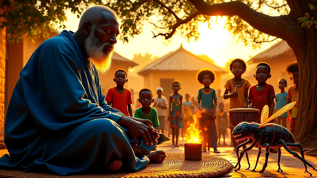Hausa griot telling Gizo’s tale under a golden sunset.