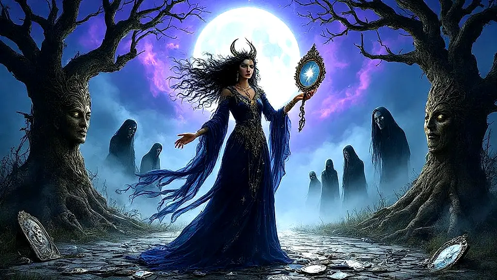 Hecate performs a mirror ritual at moonlit crossroads.