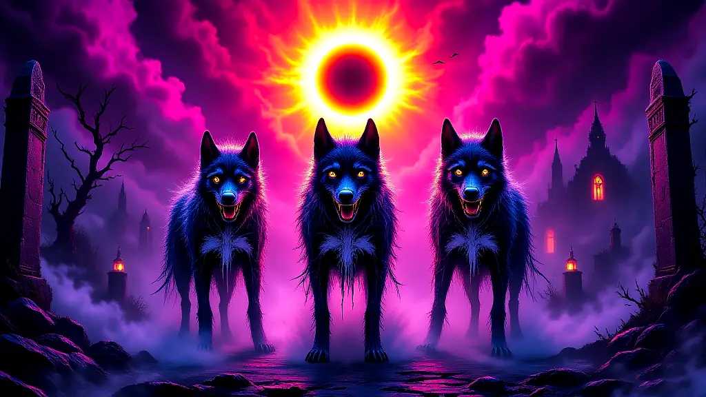 Hecate's spectral hounds guard a misty crossroads at dusk.