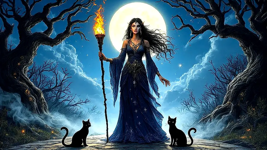 Hecate with black cats at moonlit crossroads, torchlight glowing.