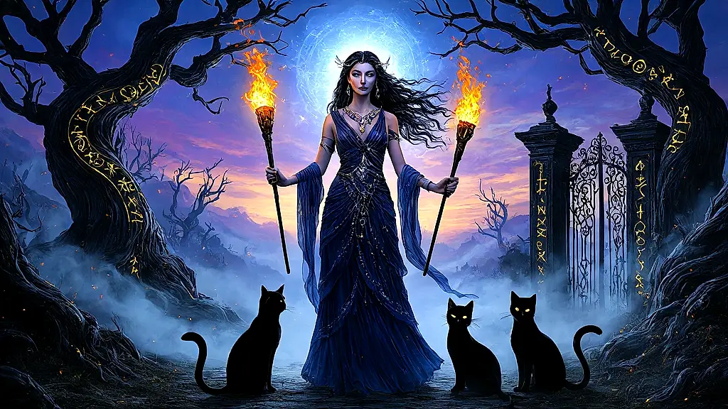 Hecate with glowing cats at mystical crossroads, torchlight illuminating the night.