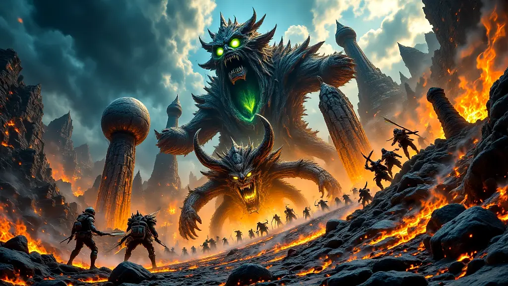 Hecatoncheires battle Jötnar in mythic chaos.