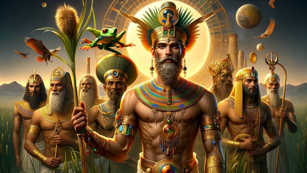 Heh and other primordial gods in Egyptian creation myth scene