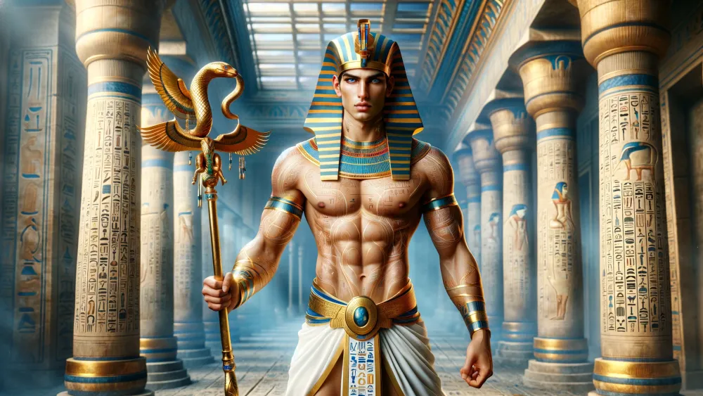 Heka, the Egyptian god of magic, in a grand temple.