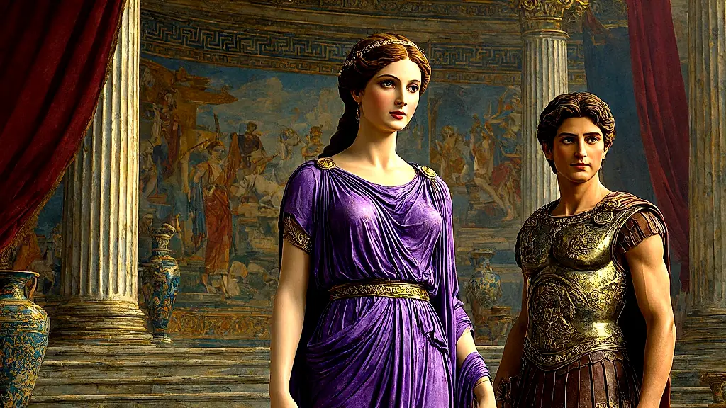 Helen of Troy discovering Paris' identity, ancient Greek style.