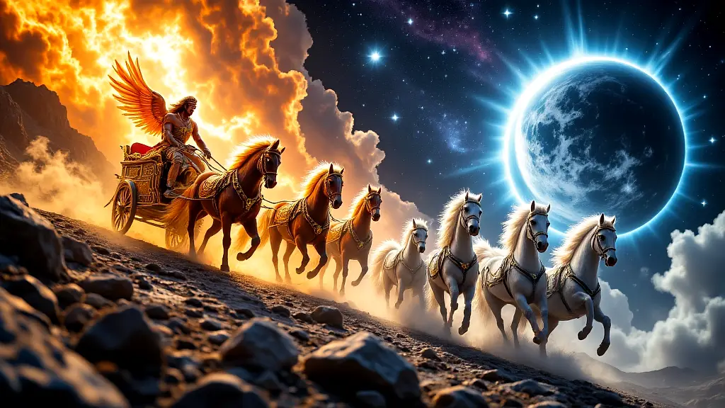 Helios and Selene in celestial chariots, sun and moon clash.