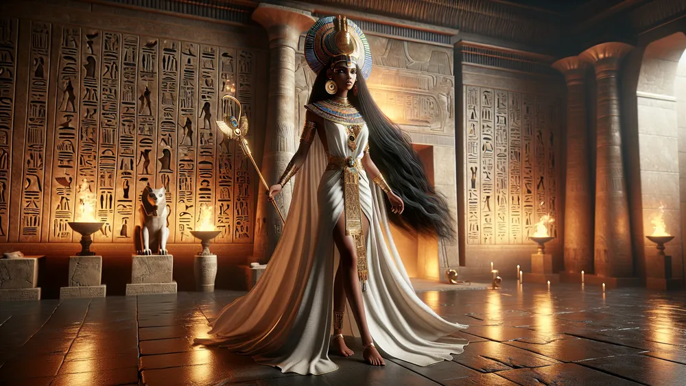 Hemsut Egyptian Goddess Of Fate And Protection In A Majestic Temple