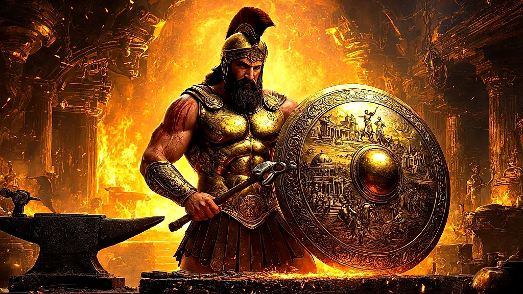 Hephaestus forging Achilles' divine armor in fiery workshop.