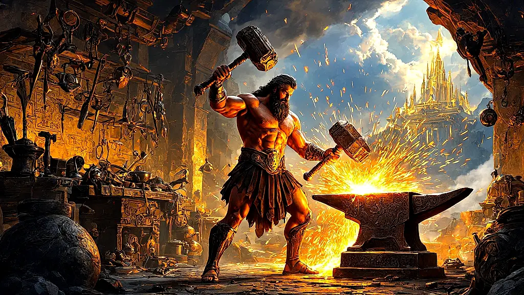 Hephaestus forging divine weapons in fiery Olympus workshop.