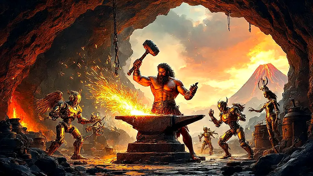 Hephaestus forging divine weapons in fiery workshop.