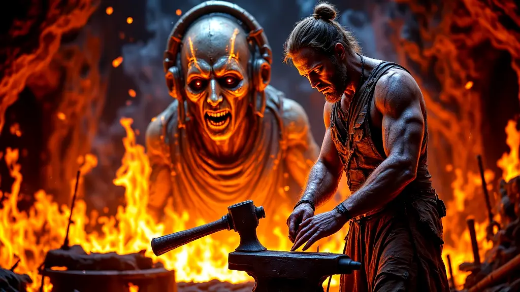 Hephaestus forging in his volcanic workshop with automata and golden throne.