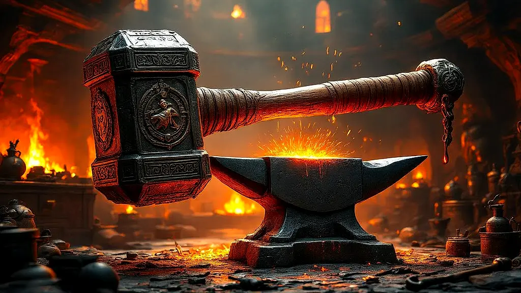 Hephaestus' hammer, anvil, and tongs on divine forge.