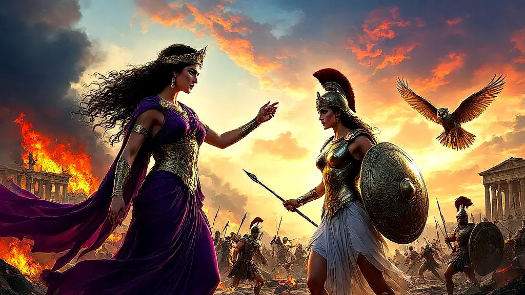 Hera and Athena plotting revenge during the Trojan War.