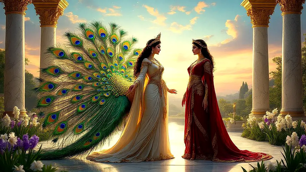 Hera and Juno with a radiant peacock in a celestial garden.