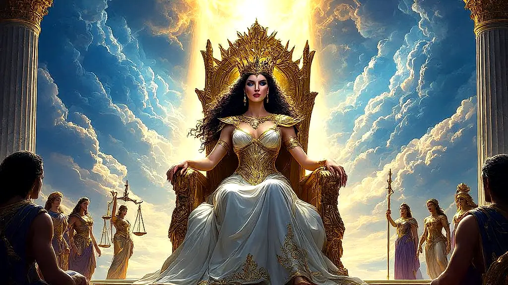 Hera enthroned as Queen of Olympus, radiating divine authority.