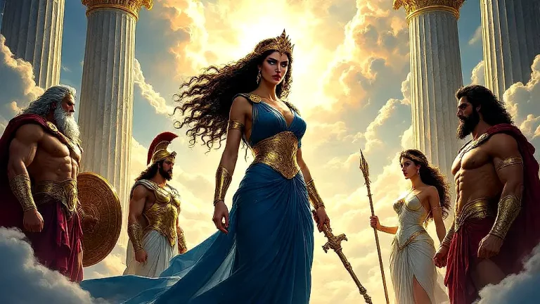 Hera glares amidst rival Greek gods on Olympus.