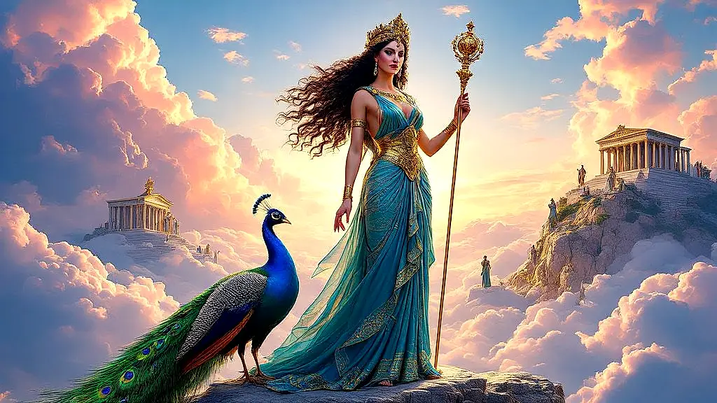 Hera, Greek Goddess of Marriage, majestic on Olympus with peacock.