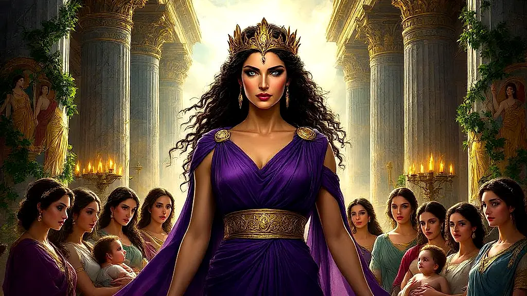 Hera protects women in a divine temple sanctuary.