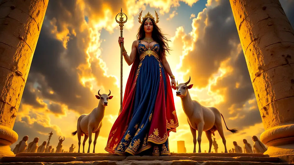 Hera, regal and vengeful, stands with peacock and cow.