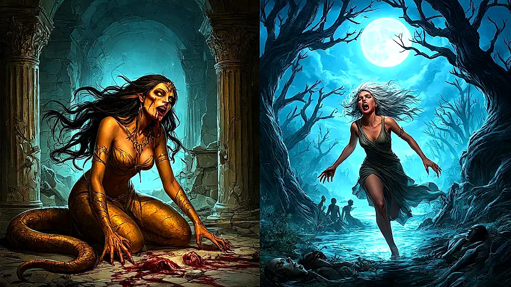 Hera's cursed victims Lamia and Aura in mythic tragedy.