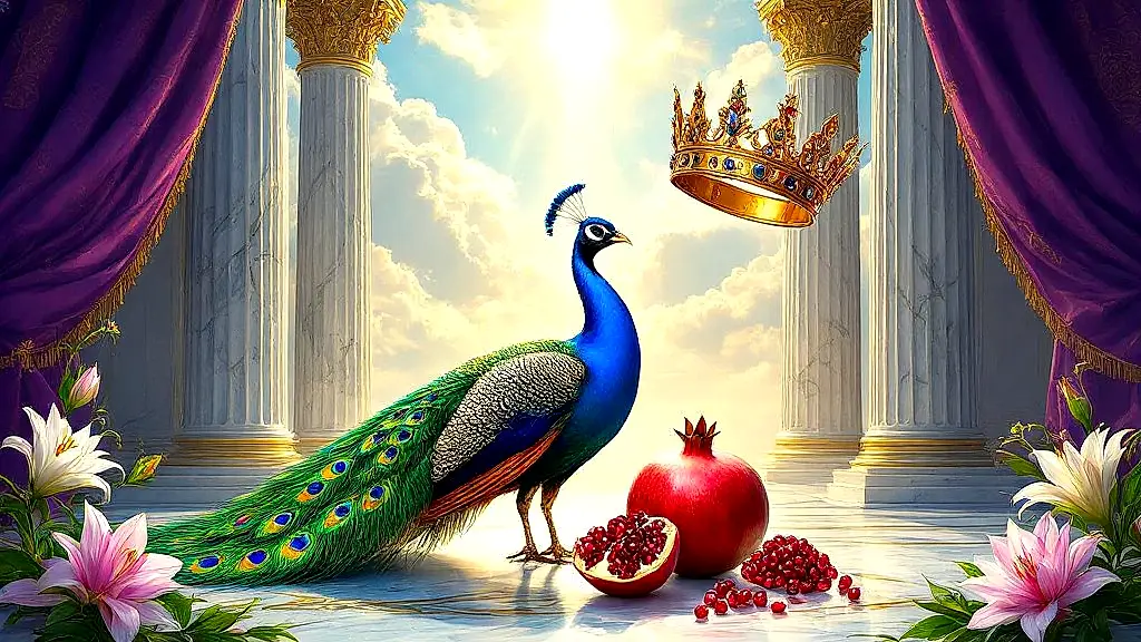 Hera’s divine symbols: peacock, pomegranate, and golden crown.