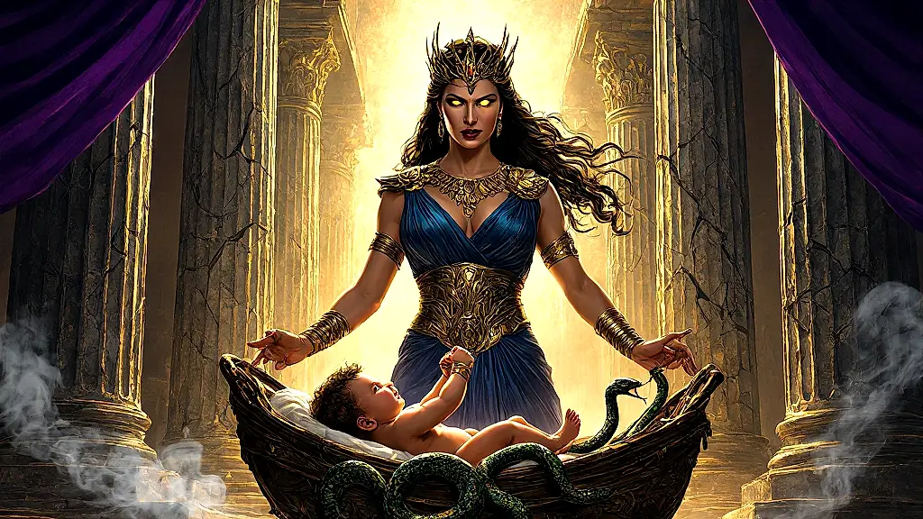 Hera summons snakes to kill infant Hercules.