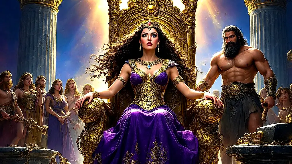 Hera trapped in golden throne by Hephaestus on Olympus.