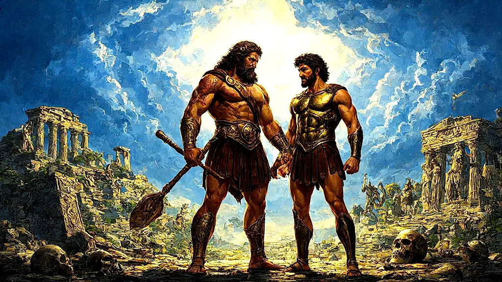 Heracles and Theseus stand triumphant amid ruins.