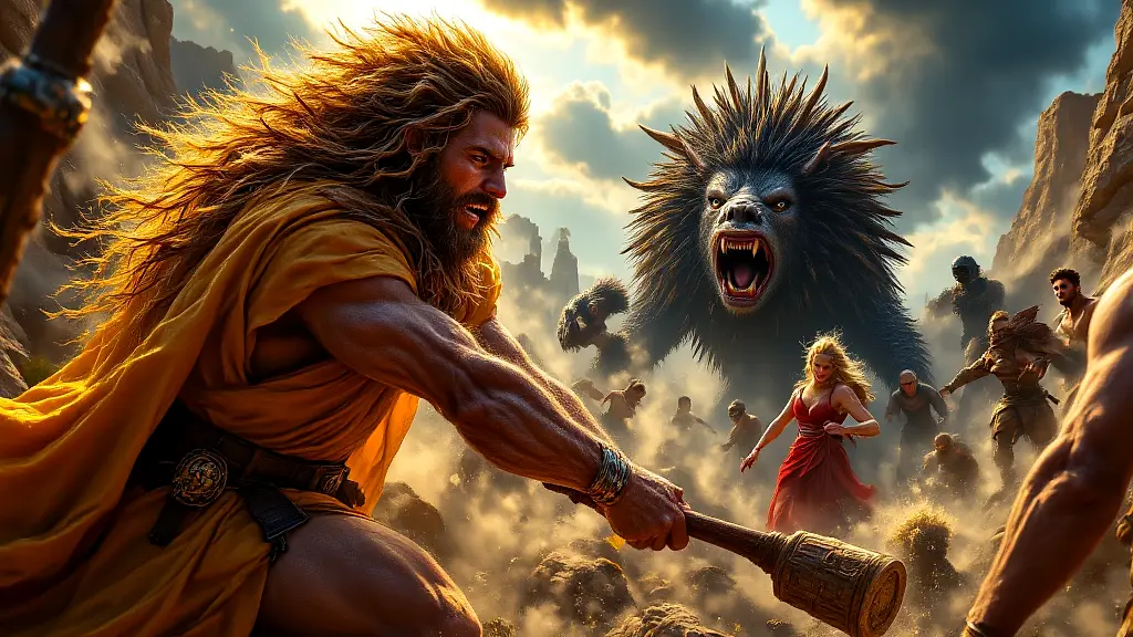 Heracles battles a mythical beast during his Twelve Labors.