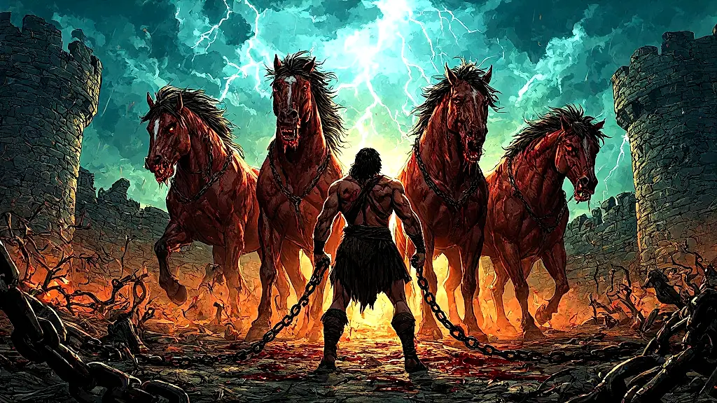 Heracles battles Diomedes' monstrous flesh-eating horses.