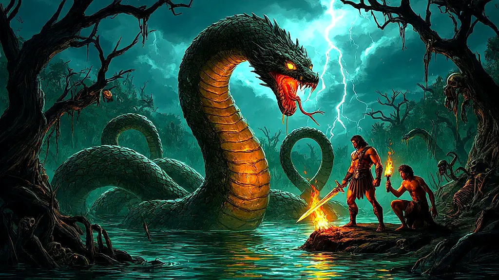 Heracles battles the multi-headed Hydra in a fiery swamp.