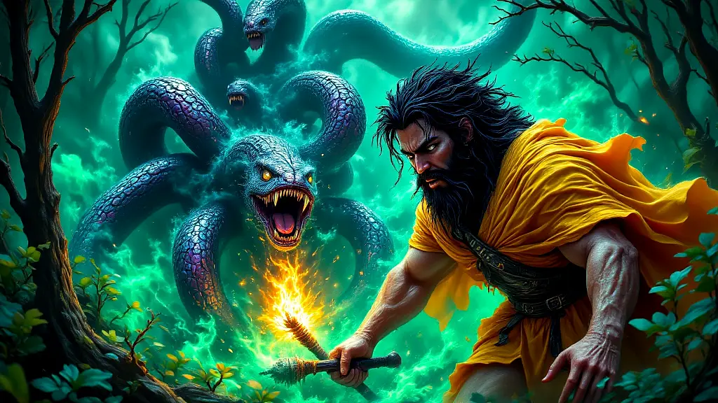 Heracles battles the regenerating heads of the Lernaean Hydra.