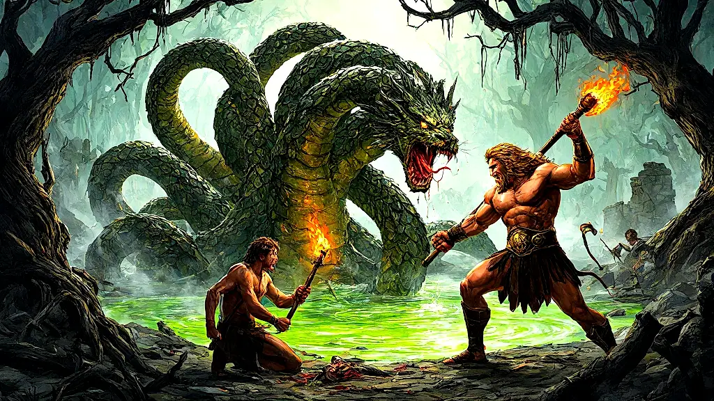 Heracles battles the regenerating Hydra in Lerna's swamp.