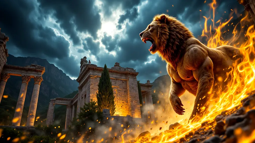 Heracles battling the Nemean Lion in golden stormlight.